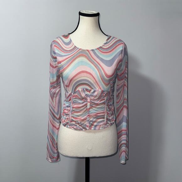 Madden NYC sheer long sleeve marble pattern crop top women’s size large - Picture 5 of 7